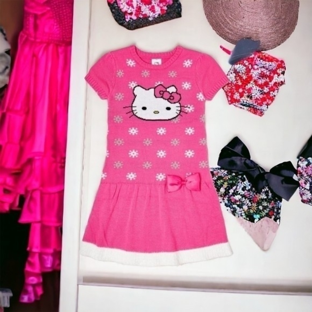 Hello Kitty Girls Pink Sweater Dress Long Sleeve Knee Length Size 7-8 NWT